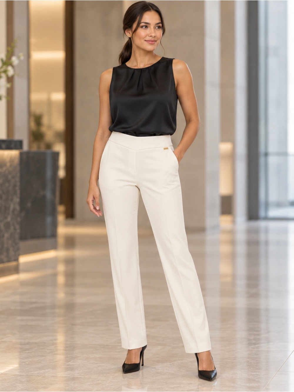 Anne Klein Ivory Pull On Slim Straight Leg Dress Pants Medium